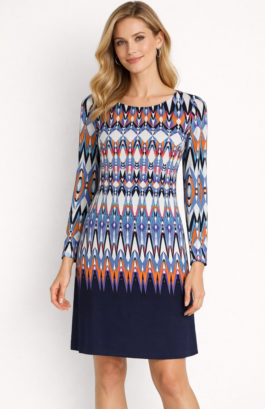 Vince Camuto Womens Long Sleeve Dress Geometric Blue Orange Size 10 New